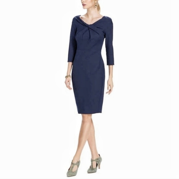 ANTHROPOLOGIE Bodycon Pencil Wrap Knot Dress Medium M Navy Blue - Picture 8 of 10